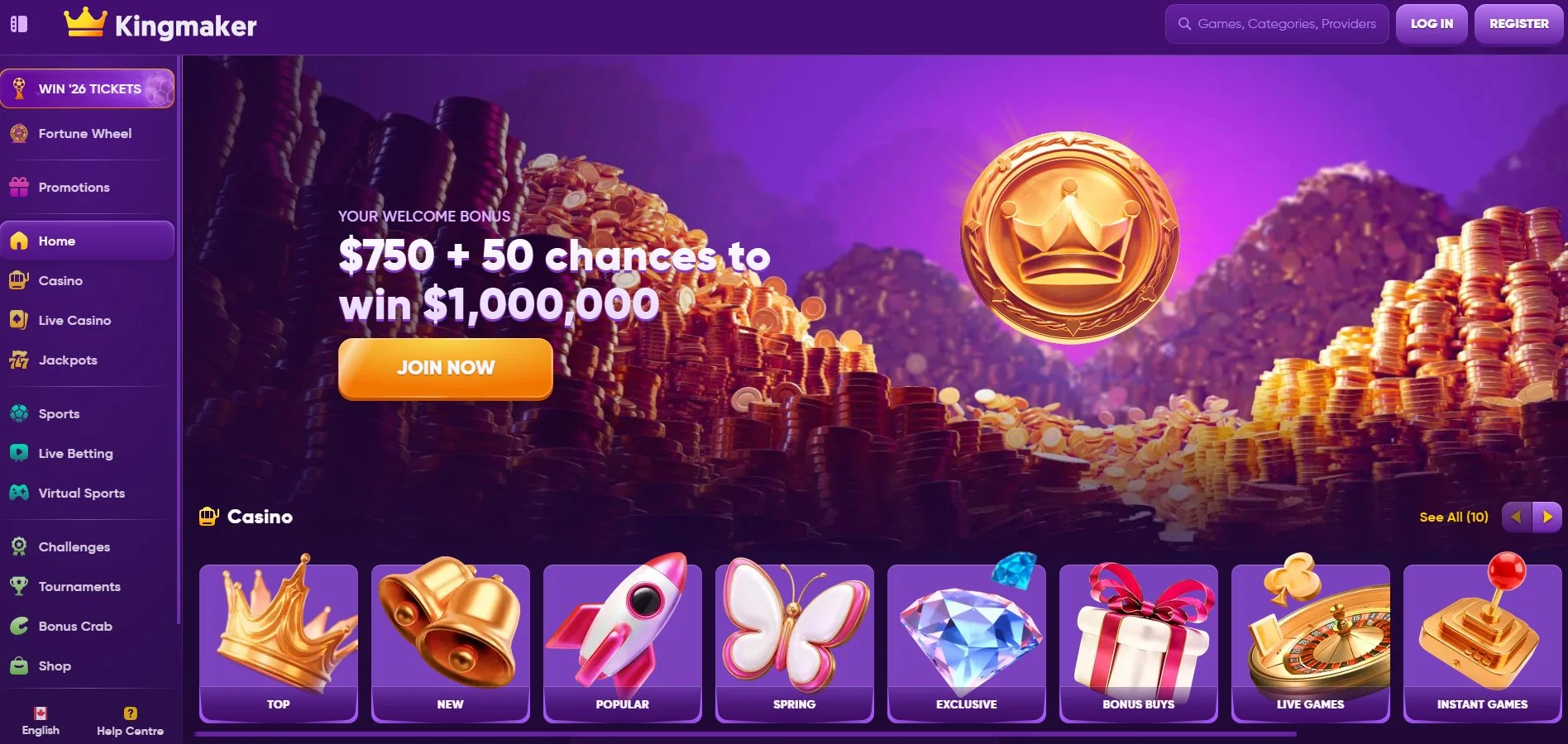 Kingmaker Casino homepage overview