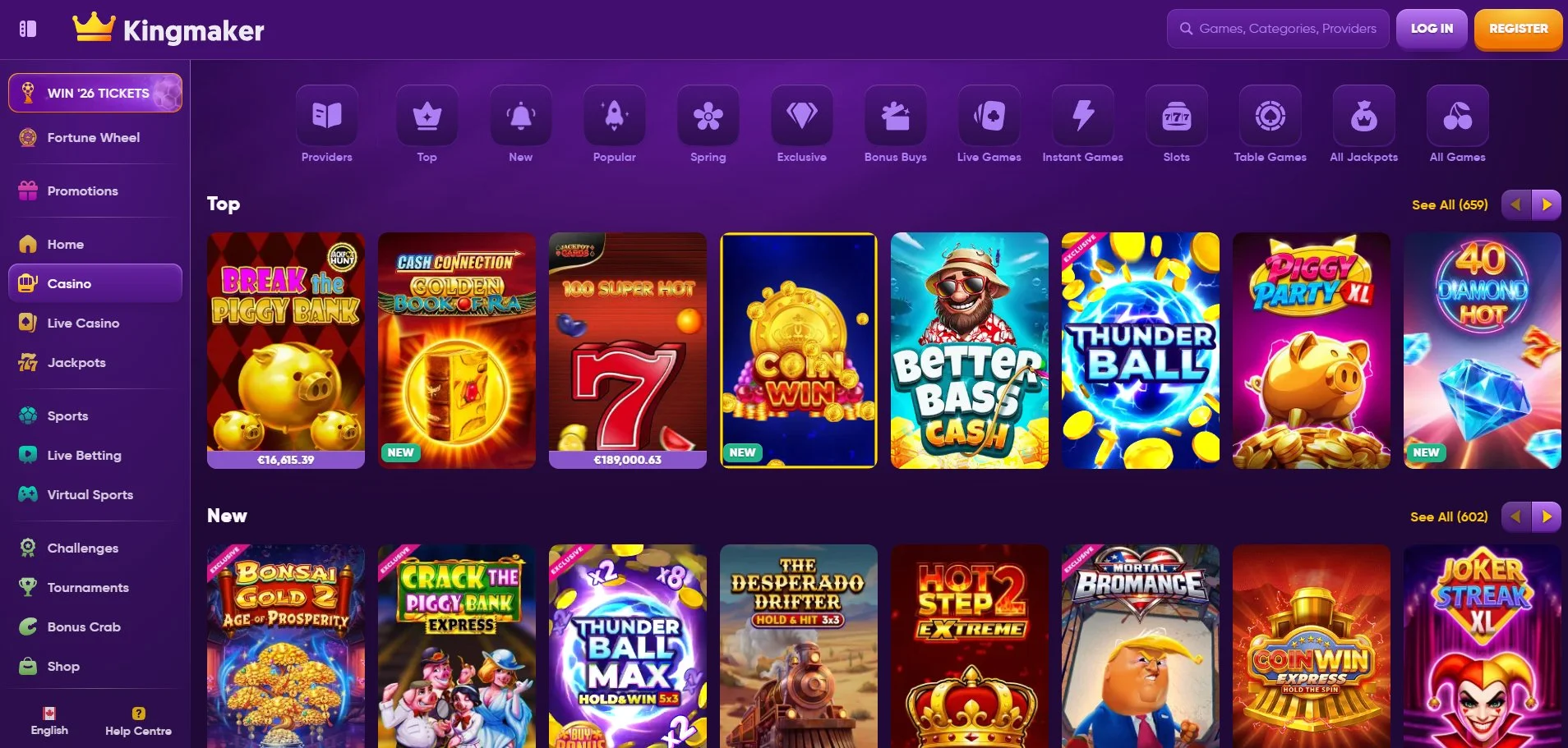 Kingmaker Casino slots library and game selection